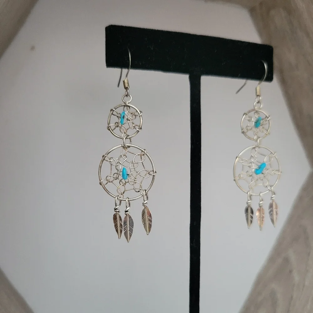 Sterling Silver Double Dreamcatcher Earrings Southwestern Boho Western Rodeo